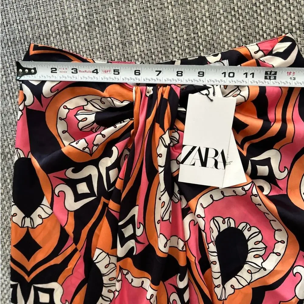 ZARA NWT Matte Satin Tribal Geo Print Pink Brown Faux Wrap Midi Skirt XS